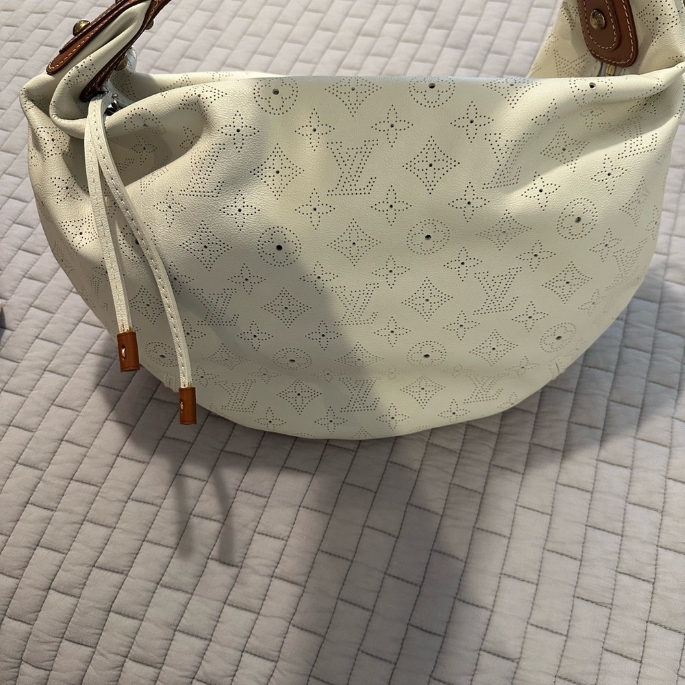 Louis Vuitton White Perforated Monogram Hobo Shoulder Bag with Tan Trim